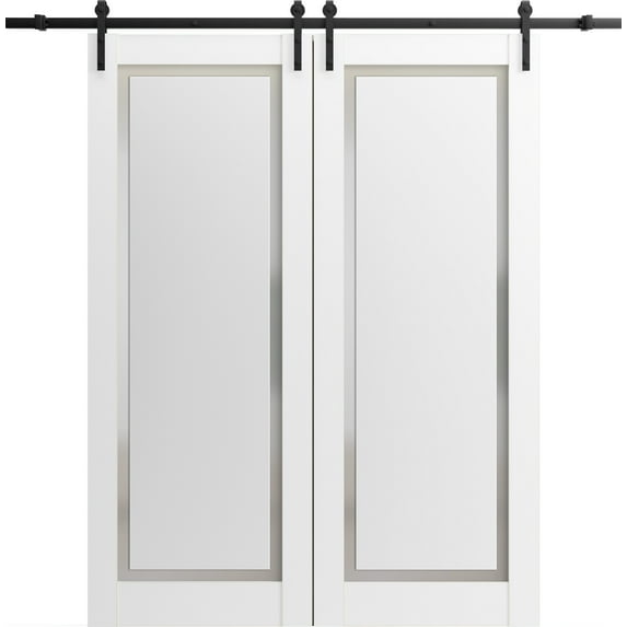 Sturdy Double Barn Door 36 x 84 inches with | Planum 0888 Painted White with Frosted Glass | 13FT Rail Hangers Heavy Set | Solid Panel Interior Doors