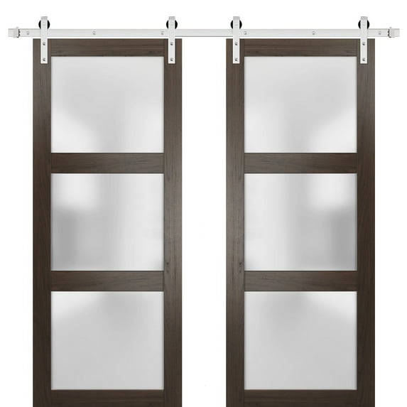 Sturdy Double Barn Door 36 x 96 inches with Frosted Glass | Lucia 2552 Chocolate Ash | Stainless Steel 13FT Rail Hangers Heavy Set | Solid Panel Interior Doors