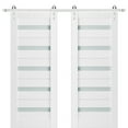 thumbnail image 1 of Sturdy Double Barn Door 36 x 96 inches with Frosted Glass | Quadro 4445 White Silk | Stainless Steel 13FT Rail Hangers Heavy Set | Solid Panel Interior Doors, 1 of 6