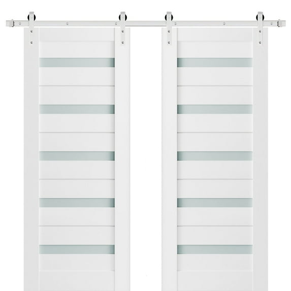 Sturdy Double Barn Door 36 x 96 inches with Frosted Glass | Quadro 4445 White Silk | Stainless Steel 13FT Rail Hangers Heavy Set | Solid Panel Interior Doors