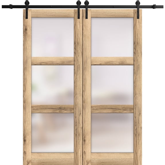 Sturdy Double Barn Door 36 x 96 inches | Lucia 2552 Oak | 13FT Rail Hangers Heavy Set | Solid Panel Interior Doors