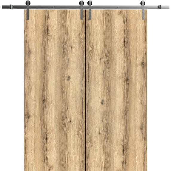 Sturdy Double Barn Door 36 x 96 inches | Planum 0010 Oak | Stainless Steel 13FT Rail Hangers Heavy Set | Solid Panel Interior Doors