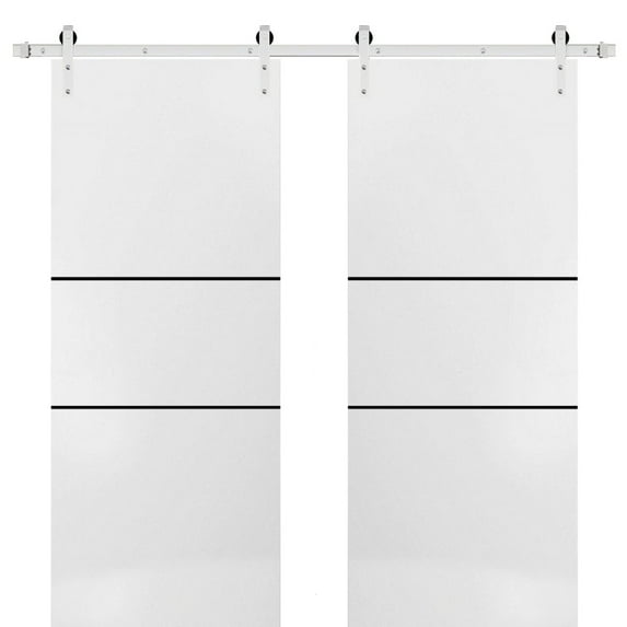 Sturdy Double Barn Door 36 x 96 inches with | Planum 0014 White Silk with Frosted Glass | Stainless Steel 13FT Rail Hangers Heavy Set | Solid Panel Interior Doors