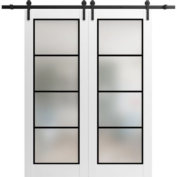 Sturdy Double Barn Door 36 x 96 inches | Planum 2132 White Silk Frosted Glass | 13FT Rail Hangers Heavy Set | Solid Panel Interior Doors