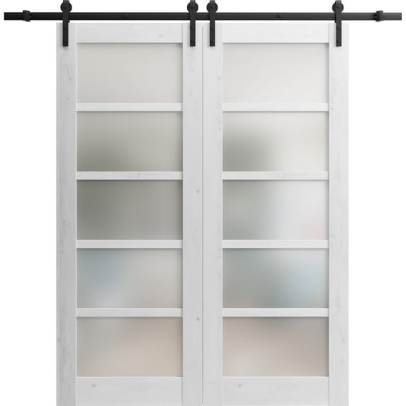Sturdy Double Barn Door 36 x 96 inches | Quadro 4002 Nordic White with Frosted Glass | Stainless Steel 13FT Rail Hangers Heavy Set | Solid Panel Interior Doors