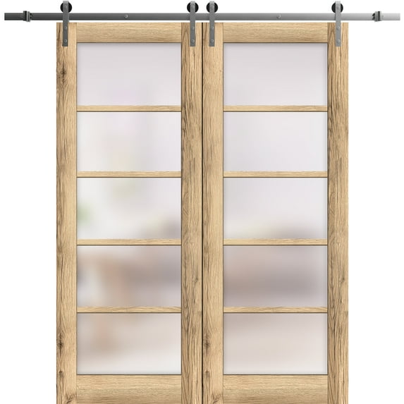 Sturdy Double Barn Door 36 x 96 inches | Quadro 4002 Oak | Stainless Steel 13FT Rail Hangers Heavy Set | Solid Panel Interior Doors