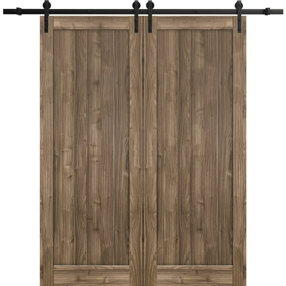 Sturdy Double Barn Door 36 x 96 inches | Quadro 4111 Walnut | 13FT Rail Hangers Heavy Set | Solid Panel Interior Doors