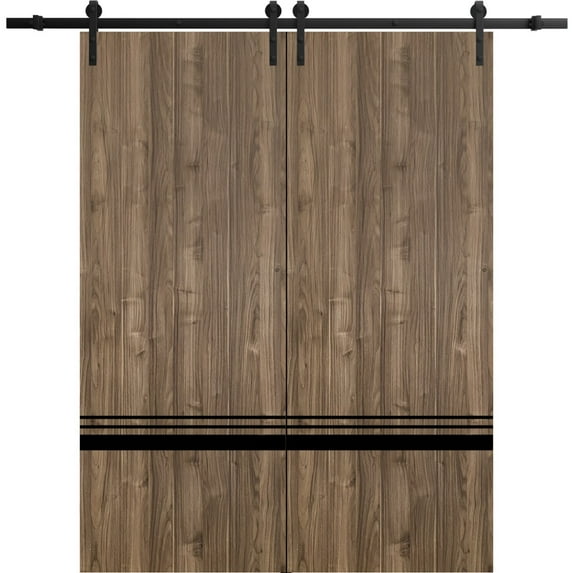 Sturdy Double Barn Door 36 x 96 inches with | Planum 0012 Walnut with Frosted Glass | 13FT Rail Hangers Heavy Set | Solid Panel Interior Doors