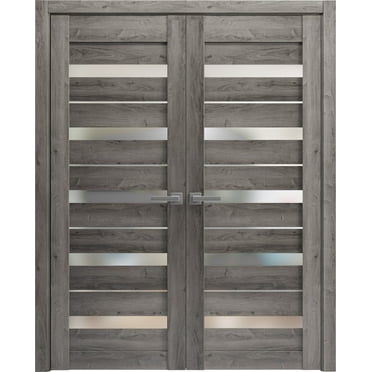 Sturdy Double Barn Door 48 x 80 inches | Lucia 2166 Matte Black Clear Glass | 13FT Rail Hangers Heavy Set | Solid Panel Interior Doors