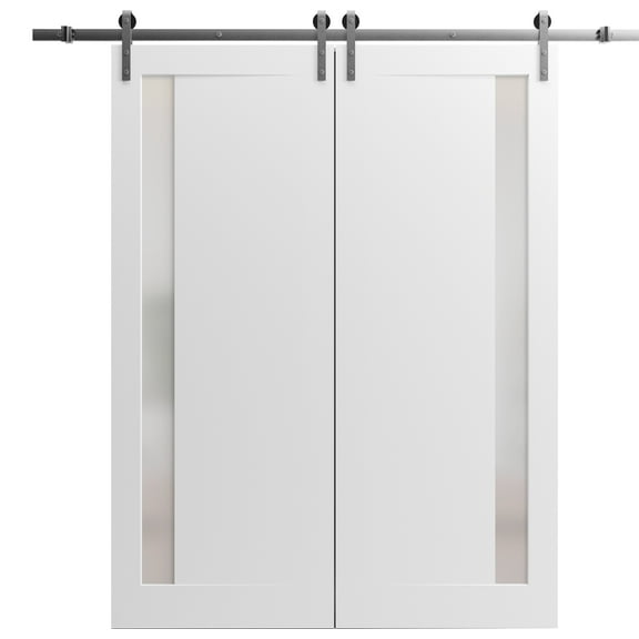 Sturdy Double Barn Door 48 x 80 inches with | Planum 0660 Painted White with Frosted Glass | Stainless Steel 13FT Rail Hangers Heavy Set | Solid Panel Interior Doors