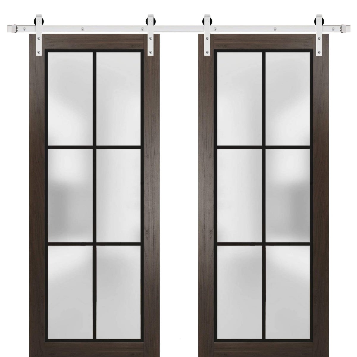 Sturdy Double Barn Door 48 x 80 inches Planum 2122 Chocolate Ash Frosted Glass Stainless