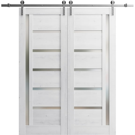 Sturdy Double Barn Door 48 x 80 inches | Quadro 4088 Nordic White with Frosted Glass | 13FT Rail Hangers Heavy Set | Solid Panel Interior Doors