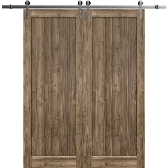 Sturdy Double Barn Door 48 x 80 inches | Quadro 4111 Walnut | Stainless Steel 13FT Rail Hangers Heavy Set | Solid Panel Interior Doors