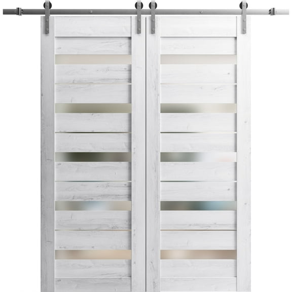 Sturdy Double Barn Door 48 x 80 inches | Quadro 4445 Nordic White with Frosted Glass | Stainless Steel 13FT Rail Hangers Heavy Set | Solid Panel Interior Doors