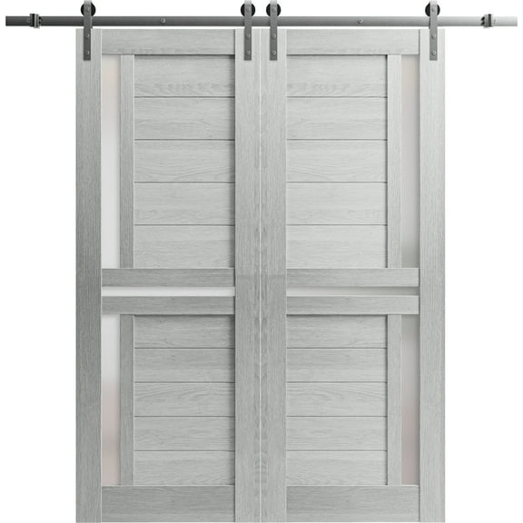 Sturdy Double Barn Door 48 x 80 inches with | Veregio 7288 Light Grey Oak with Frosted Glass | Stainless Steel 13FT Rail Hangers Heavy Set | Solid Panel Interior Doors
