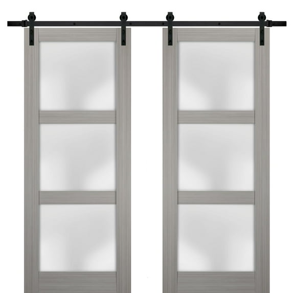 Sturdy Double Barn Door 48 x 80 inches with Frosted Glass | Lucia 2552 Grey Ash | Top Mount 13FT Rail Hangers Heavy Set | Solid Panel Interior Doors