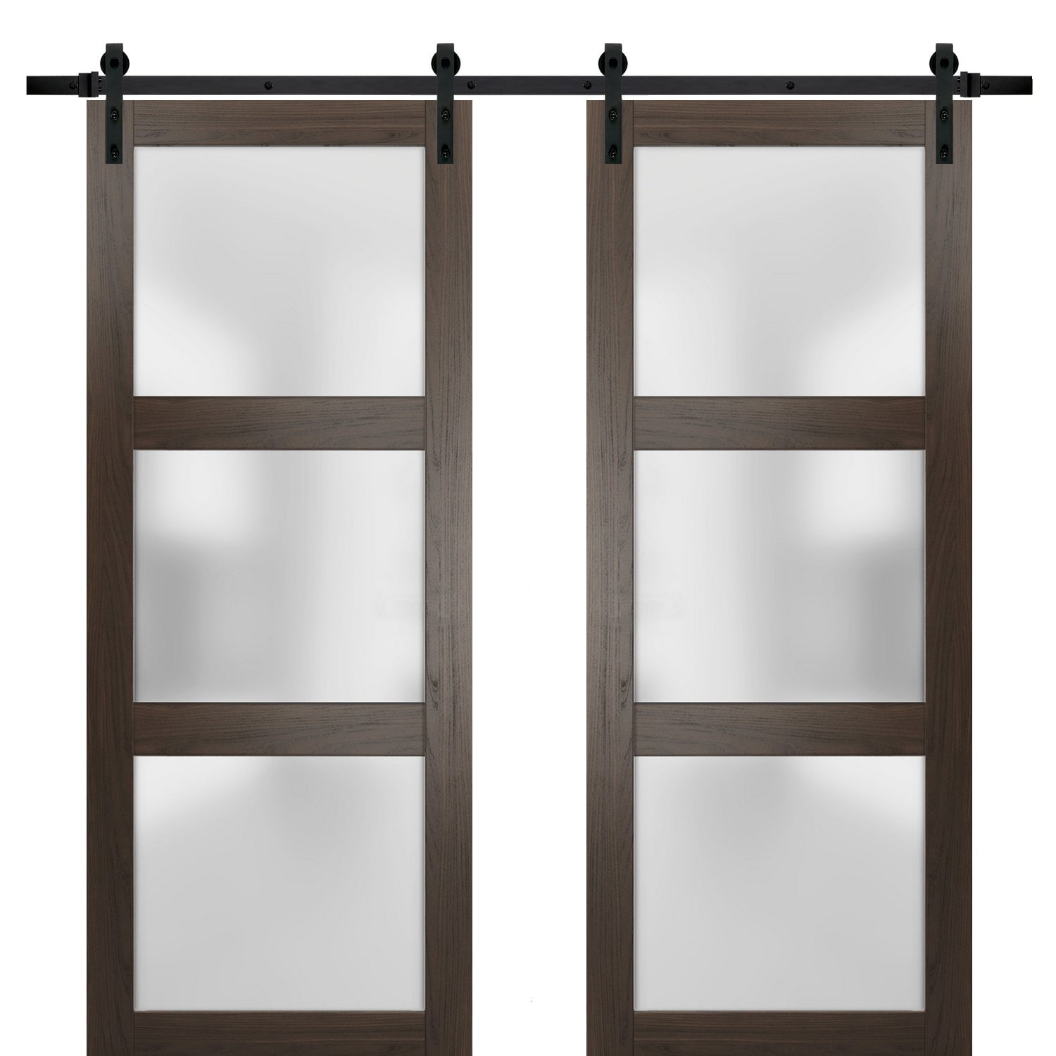 Chocolate Ash 48" x 84" Frosted Glass 3 Panel Barn Door Kit