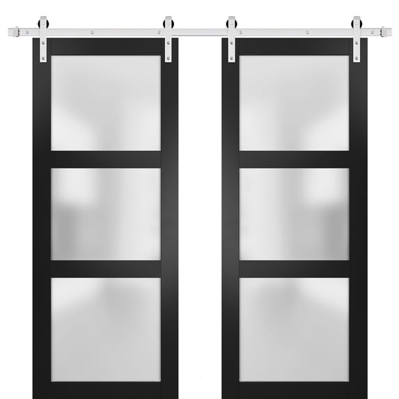 Sturdy Double Barn Door 48 x 84 inches with Frosted Glass | Lucia 2552 Matte Black | Stainless Steel 13FT Rail Hangers Heavy Set | Solid Panel Interior Doors