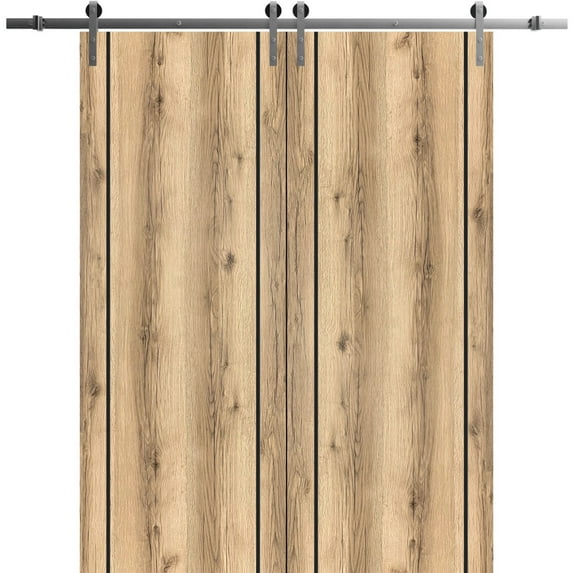 Sturdy Double Barn Door 48 x 84 inches with | Planum 0017 Oak with Frosted Glass | Stainless Steel 13FT Rail Hangers Heavy Set | Solid Panel Interior Doors