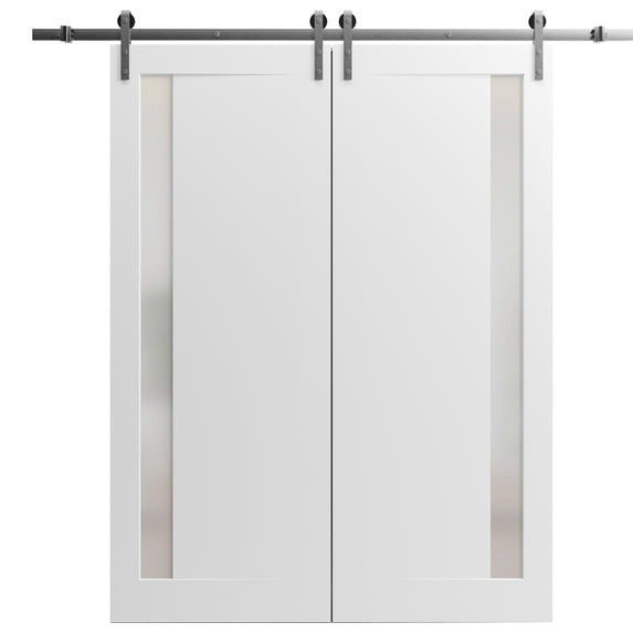 Sturdy Double Barn Door 48 x 84 inches with | Planum 0660 Painted White with Frosted Glass | Stainless Steel 13FT Rail Hangers Heavy Set | Solid Panel Interior Doors