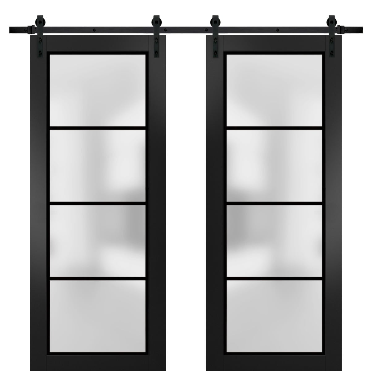 Sturdy Double Barn Door 48 x 84 inches | Planum 2132 Matte Black Frosted Glass | 13FT Rail Hangers Heavy Set | Solid Panel Interior Doors