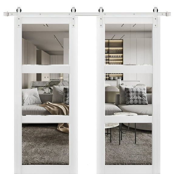 Sturdy Double Barn Door 48 x 96 inches with Clear Glass 3 Lites | Lucia 2555 Matte White | Stainless Steel 13FT Rail Hangers Heavy Set | Solid Panel Interior Doors