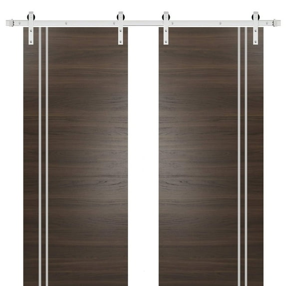 Sturdy Double Barn Door 48 x 96 inches with | Planum 0310 Chocolate Ash with Frosted Glass | Stainless Steel 13FT Rail Hangers Heavy Set | Solid Panel Interior Doors