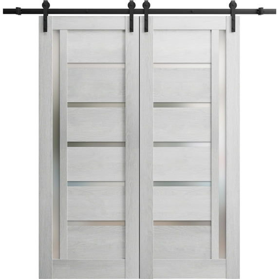 Sturdy Double Barn Door 48 x 96 inches | Quadro 4088 Light Grey Oak with Frosted Glass | Stainless Steel 13FT Rail Hangers Heavy Set | Solid Panel Interior Doors