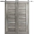 thumbnail image 1 of Sturdy Double Barn Door 48 x 96 inches | Quadro 4088 Nebraska Grey with Frosted Glass | 13FT Rail Hangers Heavy Set | Solid Panel Interior Doors, 1 of 5