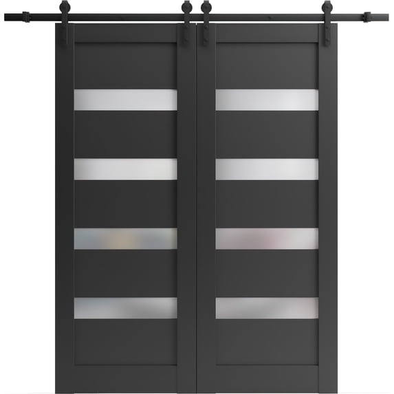 Sturdy Double Barn Door 48 x 96 inches | Quadro 4113 Matte Black Frosted Glass | 13FT Rail Hangers Heavy Set | Solid Panel Interior Doors