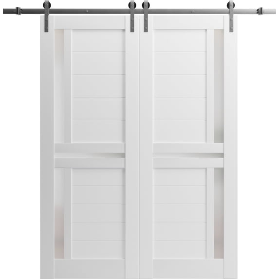 Sturdy Double Barn Door 48 x 96 inches with | Veregio 7288 White Silk with Frosted Glass | Stainless Steel 13FT Rail Hangers Heavy Set | Solid Panel Interior Doors