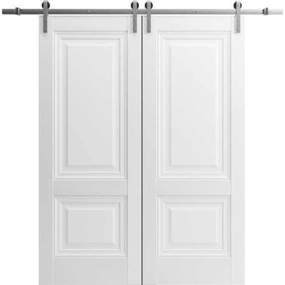 Sturdy Double Barn Door 48 x 96 inches with | Lucia 8831 White Silk | Stainless Steel 13FT Rail Hangers Heavy Set | Solid Panel Interior Doors