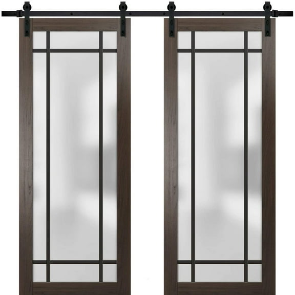 Sturdy Double Barn Door 56 x 80 inches | Planum 2112 Chocolate Ash Frosted Glass | 13FT Rail Hangers Heavy Set | Solid Panel Interior Doors