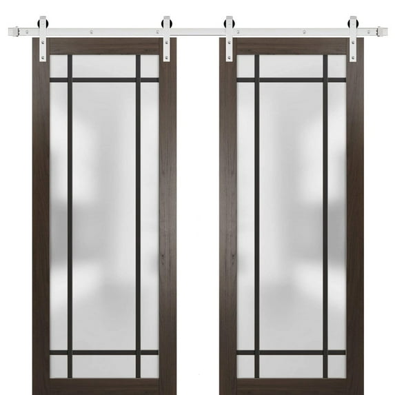 Sturdy Double Barn Door 56 x 80 inches | Planum 2112 Chocolate Ash Frosted Glass | Stainless Steel 13FT Rail Hangers Heavy Set | Solid Panel Interior Doors