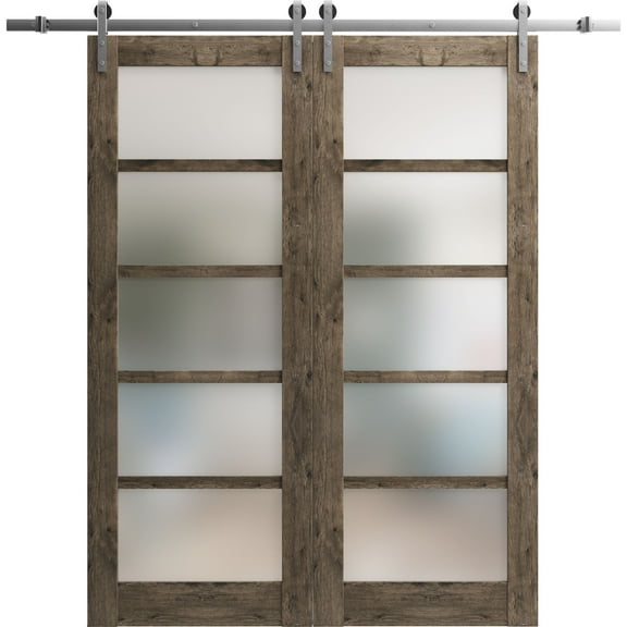 Sturdy Double Barn Door 56 x 80 inches | Quadro 4002 Cognac Oak with Frosted Glass | 13FT Rail Hangers Heavy Set | Solid Panel Interior Doors