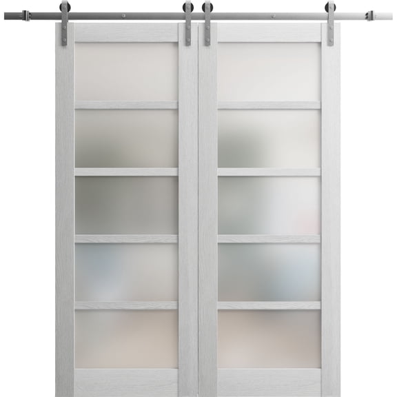 Sturdy Double Barn Door 56 x 80 inches | Quadro 4002 Light Grey Oak with Frosted Glass | 13FT Rail Hangers Heavy Set | Solid Panel Interior Doors
