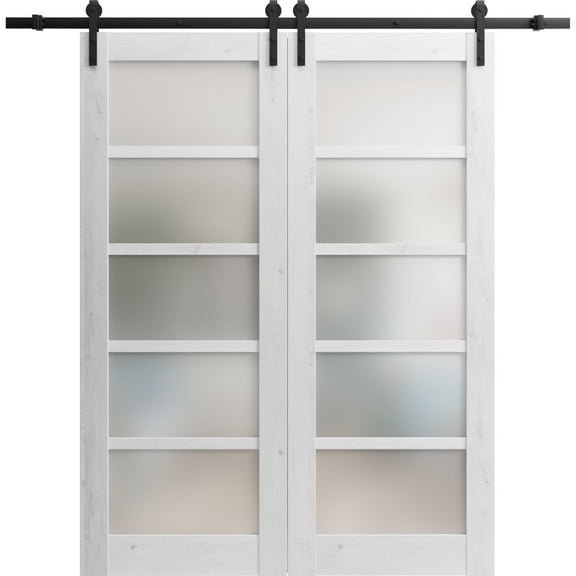 Sturdy Double Barn Door 56 x 80 inches | Quadro 4002 Nordic White with Frosted Glass | Stainless Steel 13FT Rail Hangers Heavy Set | Solid Panel Interior Doors
