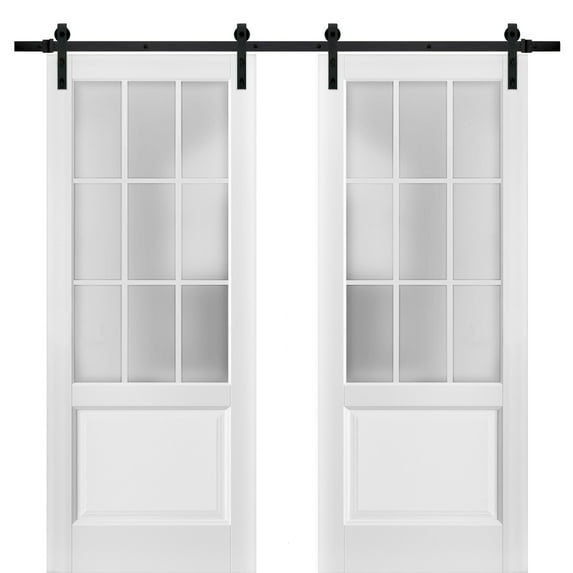 Sturdy Double Barn Door 56 x 80 inches with Frosted Glass 9 Lites