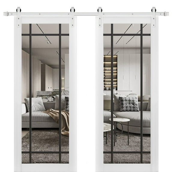 Sturdy Double Barn Door 56 x 84 inches | Lucia 2266 White Silk Clear Glass | Stainless Steel 13FT Rail Hangers Heavy Set | Solid Panel Interior Doors