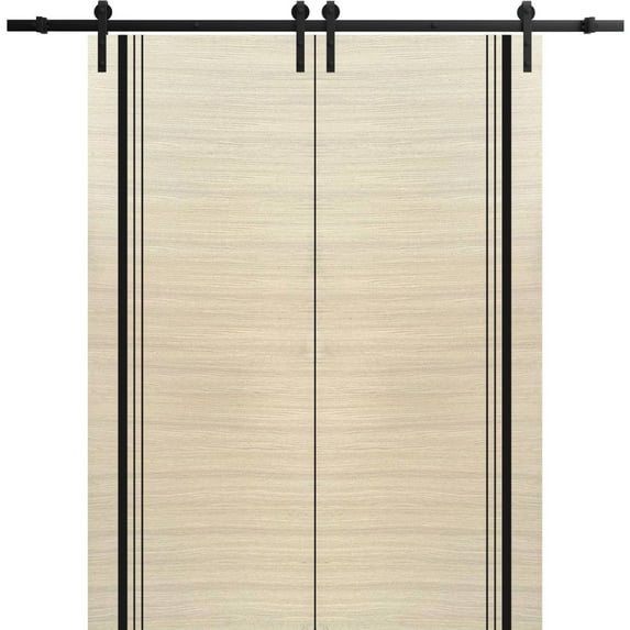Sturdy Double Barn Door 56 x 84 inches with | Planum 0011 Natural Veneer with Frosted Glass | 13FT Rail Hangers Heavy Set | Solid Panel Interior Doors