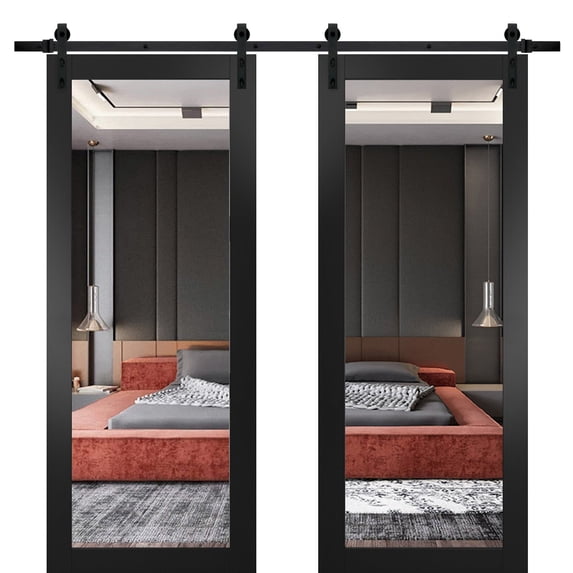 Sturdy Double Barn Door 56 x 84 inches with | Lucia 1299 Matte Black with Mirror | 13FT Rail Hangers Heavy Set | Solid Panel Interior Doors