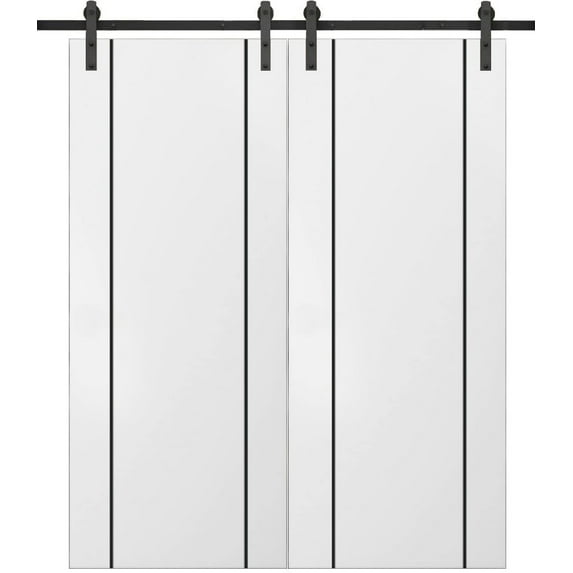 Sturdy Double Barn Door 56 x 84 inches with | Planum 0016 White Silk with Frosted Glass | 13FT Rail Hangers Heavy Set | Solid Panel Interior Doors