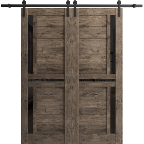 Sturdy Double Barn Door 56 x 84 inches with | Veregio 7588 Cognac Oak with Black Glass | 13FT Rail Hangers Heavy Set | Solid Panel Interior Doors