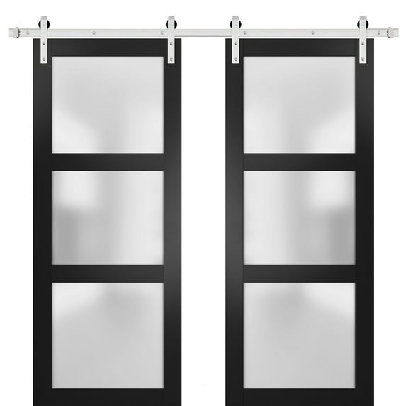 Sturdy Double Barn Door 56 x 96 inches with Frosted Glass | Lucia 2552 Matte Black | Stainless Steel 13FT Rail Hangers Heavy Set | Solid Panel Interior Doors