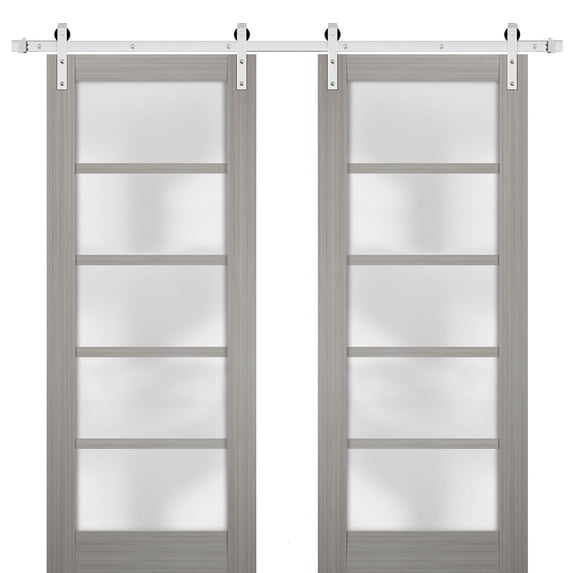 Sturdy Double Barn Door 56 x 96 inches with Frosted Glass | Quadro 4002 Grey Ash | Stainless Steel 13FT Rail Hangers Heavy Set | Solid Panel Interior Doors