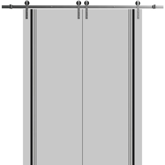 Sturdy Double Barn Door 56 x 96 inches with | Planum 0011 Grey Matte with Frosted Glass | Stainless Steel 13FT Rail Hangers Heavy Set | Solid Panel Interior Doors