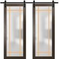 thumbnail image 1 of Sturdy Double Barn Door 56 x 96 inches | Planum 2113 Chocolate Ash Frosted Glass | 13FT Rail Hangers Heavy Set | Solid Panel Interior Doors, 1 of 6
