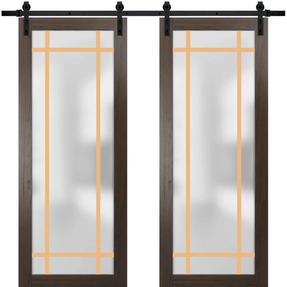 Sturdy Double Barn Door 56 x 96 inches | Planum 2113 Chocolate Ash Frosted Glass | 13FT Rail Hangers Heavy Set | Solid Panel Interior Doors