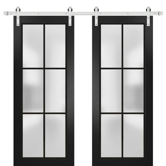 Sturdy Double Barn Door 56 x 96 inches | Planum 2122 Matte Black Frosted Glass | Stainless Steel 13FT Rail Hangers Heavy Set | Solid Panel Interior Doors