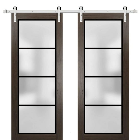 Sturdy Double Barn Door 56 x 96 inches | Planum 2132 Chocolate Ash Frosted Glass | Stainless Steel 13FT Rail Hangers Heavy Set | Solid Panel Interior Doors